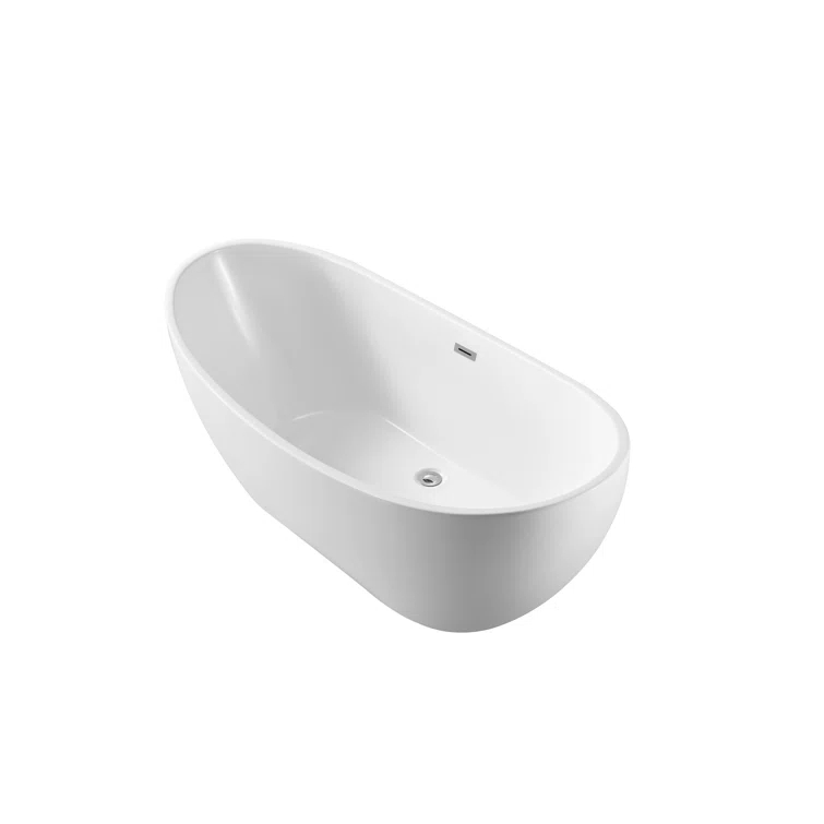 Streamline Bath 62" Streamline Freestanding Soaking Acrylic Bathtub With Drain and Bamboo Tray N-580-62FSWH-FM