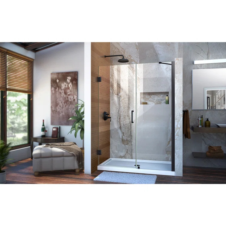 Unidoor 57" W x 72" H Hinged Frameless Shower Door and Fixed Panel with ClearMax Glass Treatment
