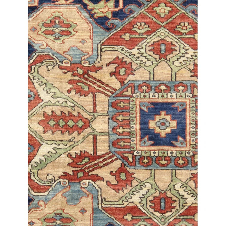 Serapi Hand-Knotted Wool Oriental Area Rug in Ivory/Navy/Red-Orange