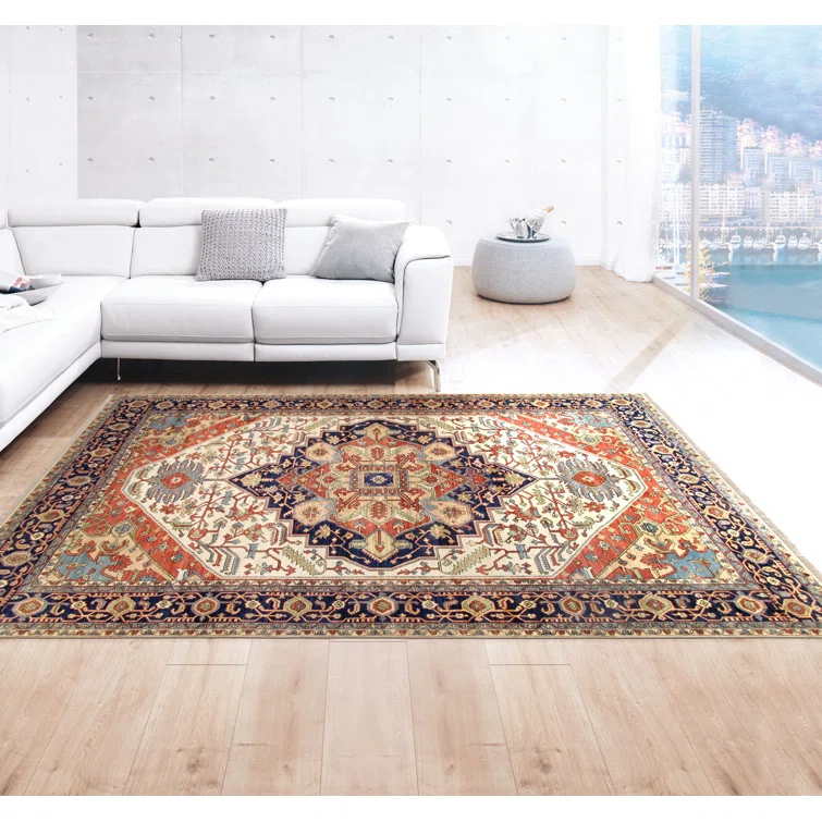 Serapi Hand-Knotted Wool Oriental Area Rug in Ivory/Navy/Red-Orange