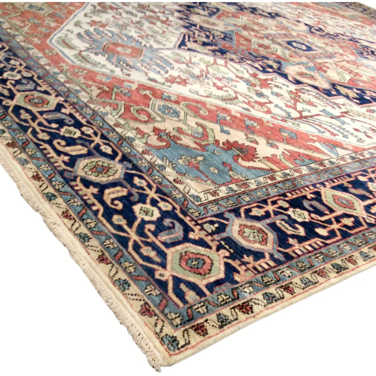 Serapi Hand-Knotted Wool Oriental Area Rug in Ivory/Navy/Red-Orange