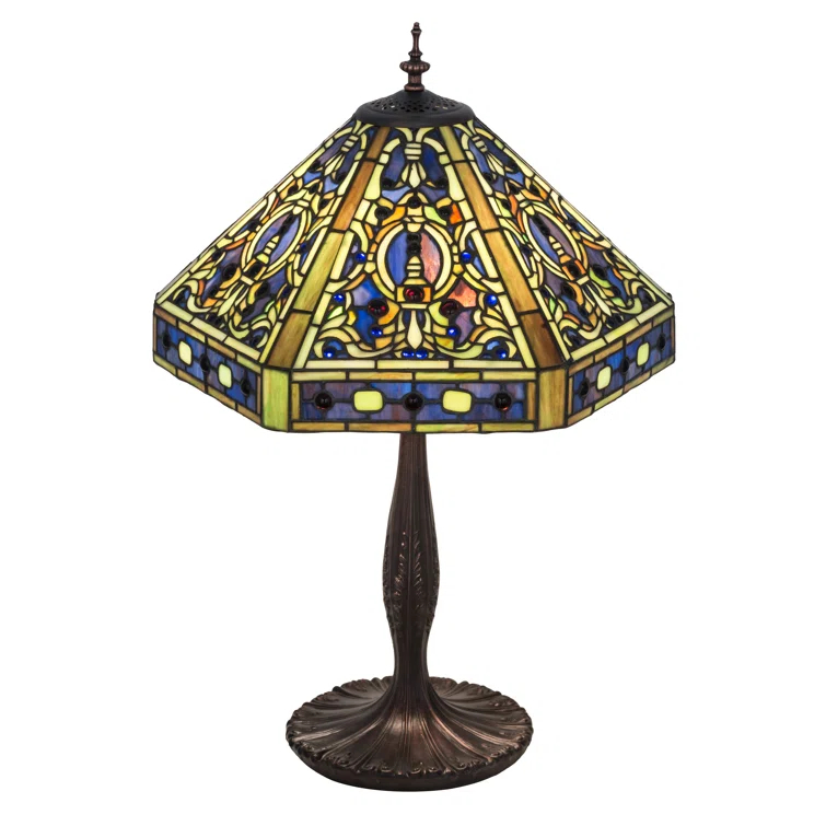 Mahogany Brown Stained Glass Tiffany Table Lamp with Blue Accents