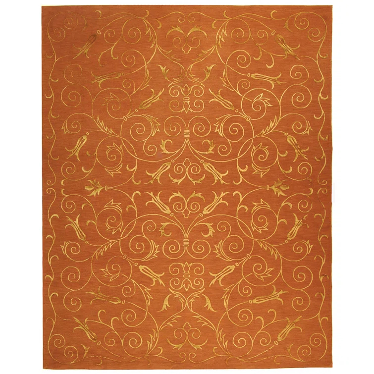 Hand-Knotted Rust Wool and Silk Geometric 6' x 9' Rug