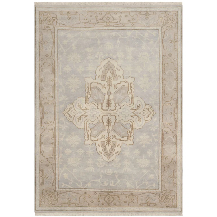 Elegant Oushak Hand-Knotted Light Blue Wool Area Rug, 6' x 9'