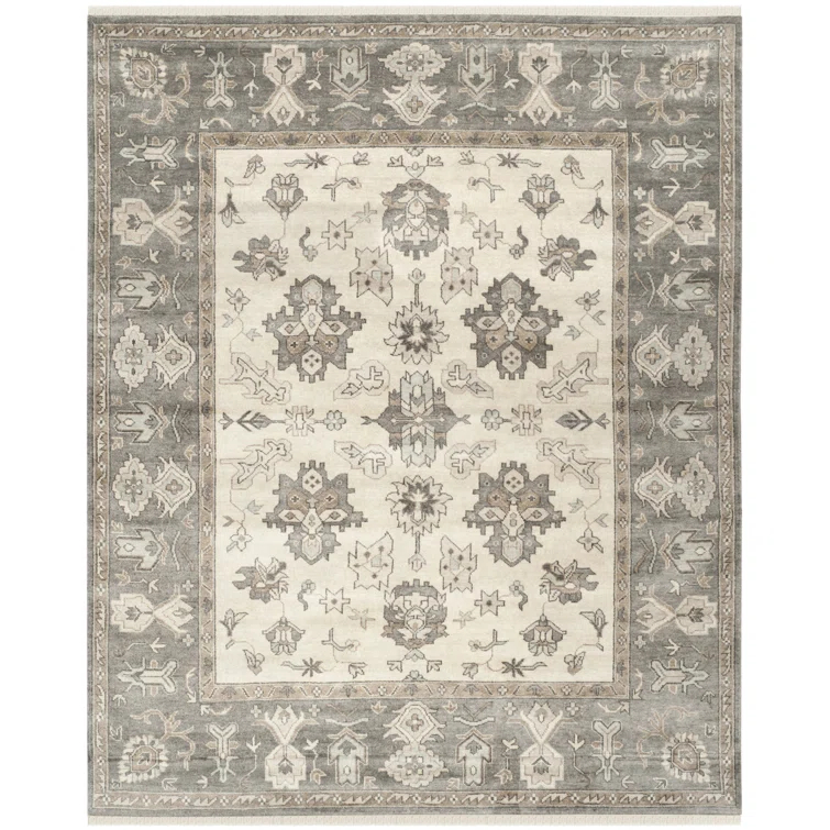 Oushak Oriental Hand-Knotted Wool Ivory/Charcoal Area Rug