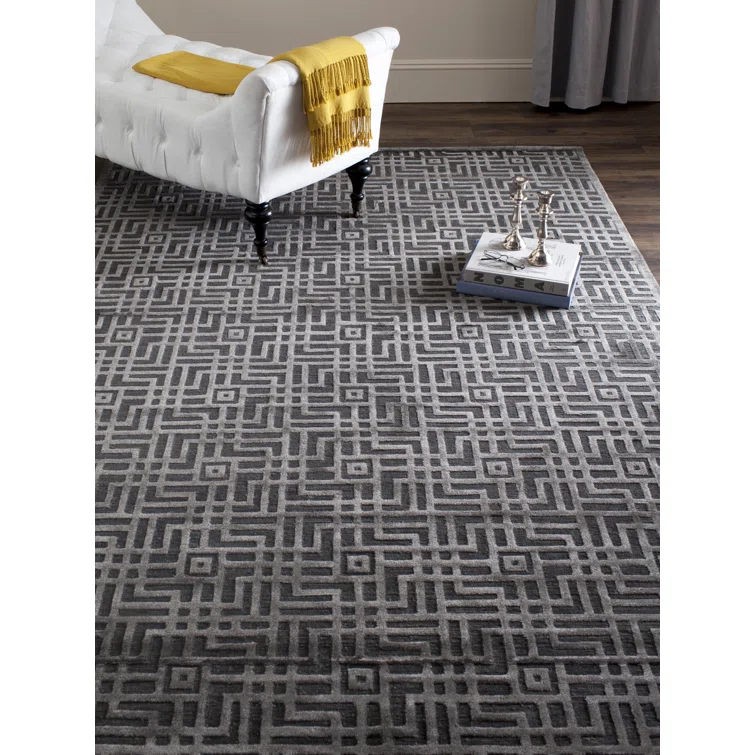 Candie Hand Knotted Viscose/Wool/Cotton Geometric Rug in Charcoal