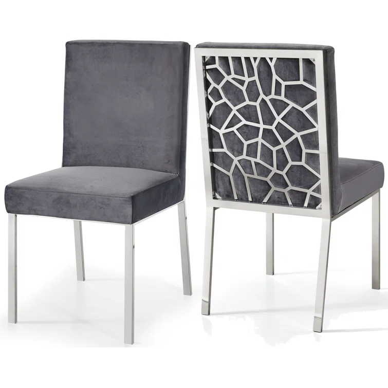 Meridian Furniture Opal Collection Modern | Contemporary Velvet Upholstered Dining Chair with Sturdy Metal Legs and Metallic Geometric Design, Set of 2, Black, 20" W x 24" D x 39.5" H