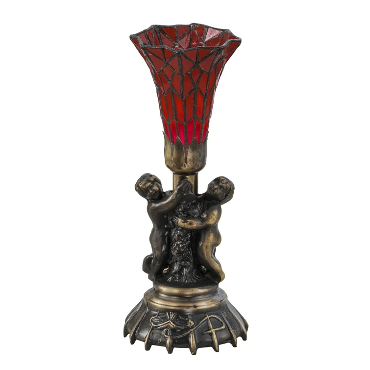 Red and White Stained Glass Antique Brass Table Lamp