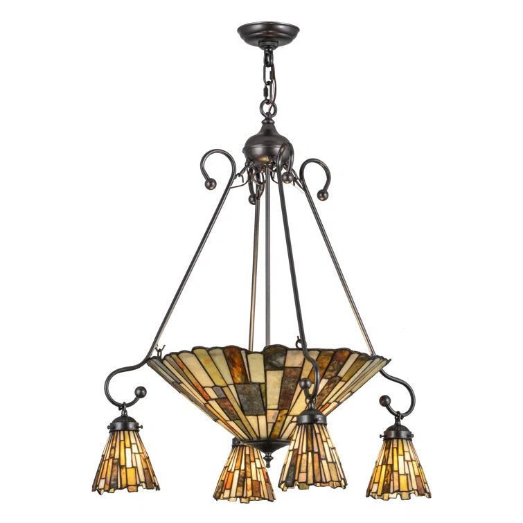 Green and Beige Copper 7-Light Chandelier with Glass Shades