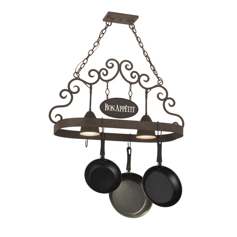 Gilded Tobacco Metal Hanging Pot Rack with Lights