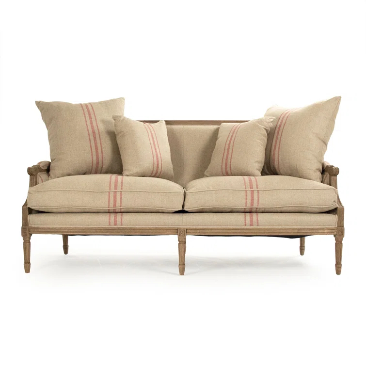 English Khaki Linen Loveseat with Red Stripe and Oak Frame