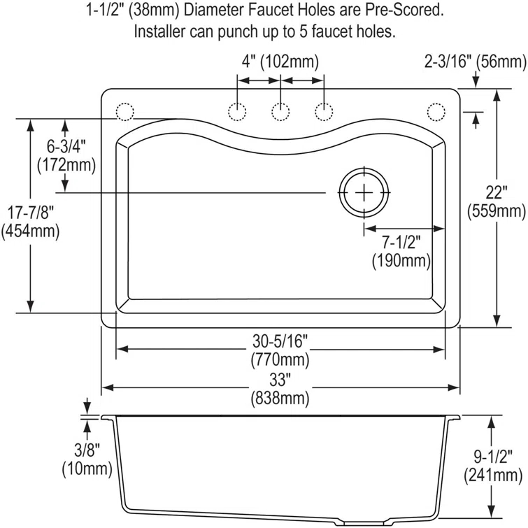 Quartz Classic 33" x 22" x 9-1/2" Drop-In Kitchen Sink