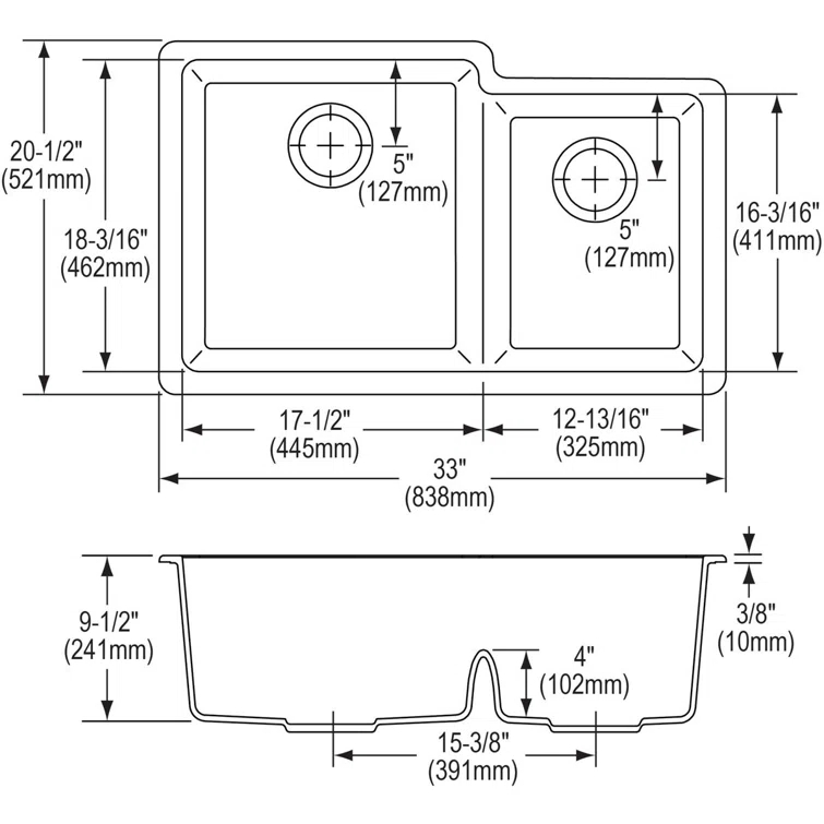 Quartz Classic 33" x 20-1/2" x 9-1/2" Double Basin Undermount Kitchen Sink