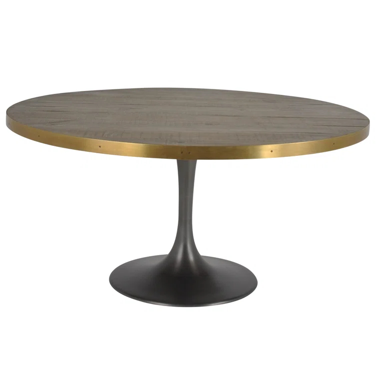 60" Round Reclaimed Wood Dining Table with Brass Trim