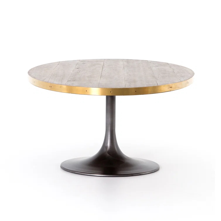 Round Reclaimed Wood Dining Table with Brass Trim