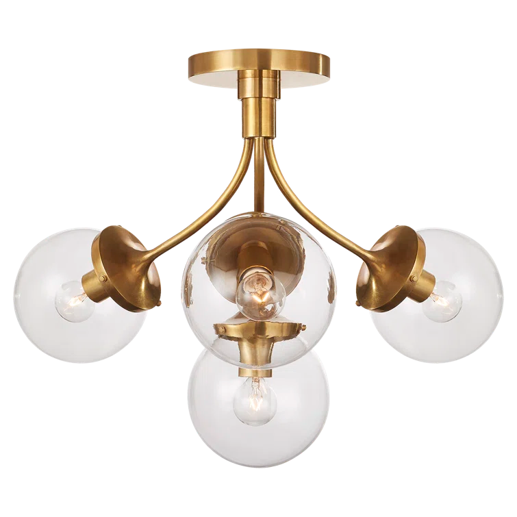 Prescott Soft Brass and Clear Glass Globe Semi Flush Mount Light