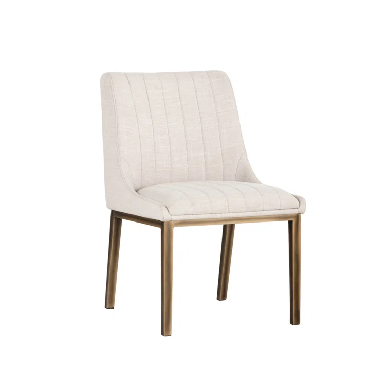 Beige Linen Upholstered Side Chair with Metal Frame