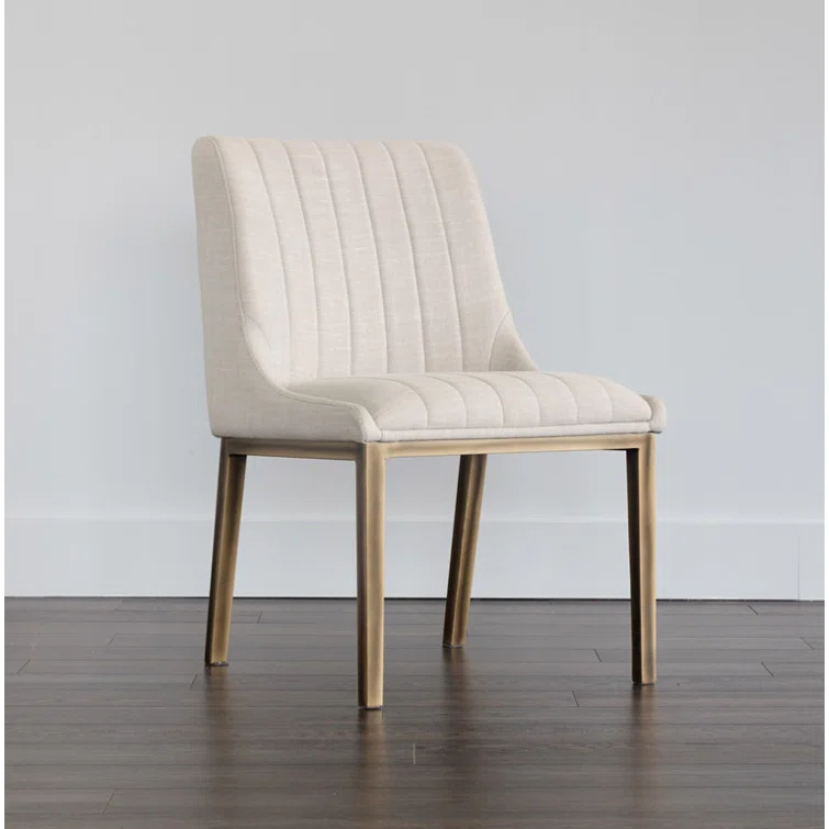 Beige Linen Upholstered Side Chair with Metal Frame