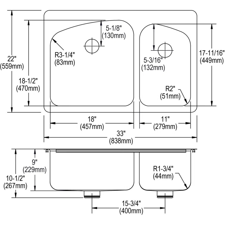 Lustertone 33" L x 22" W Double Basin Dual Mount Kitchen Sink with Drain Assembly