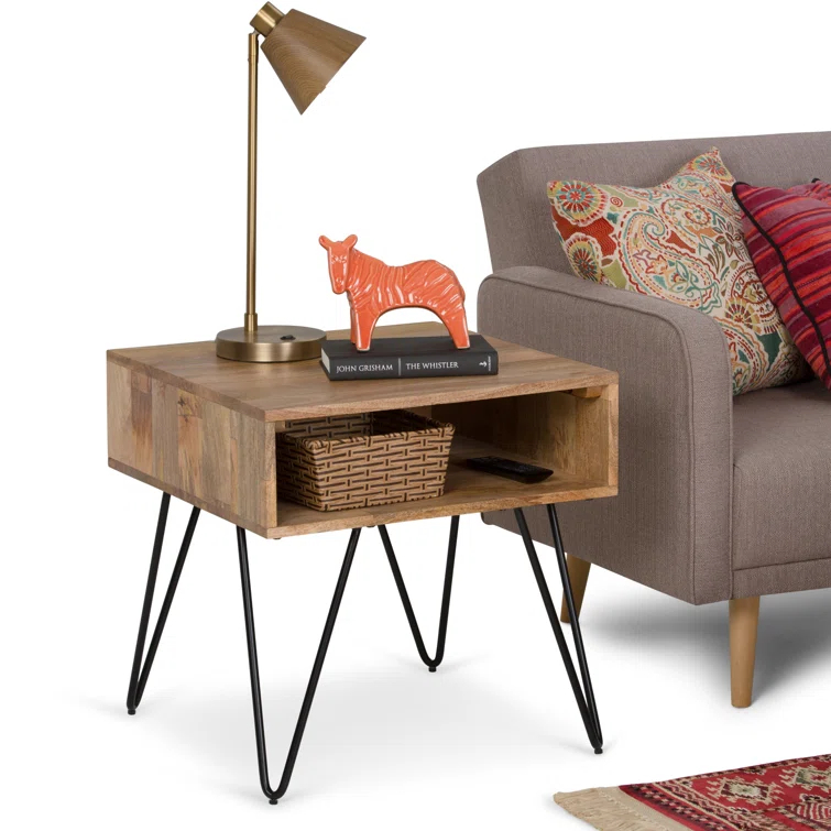 Hunter 22"W Solid Wood Industrial Square End Table with Hairpin Legs and Open Storage