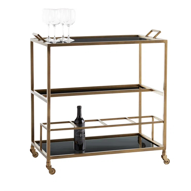 Jak 36" Antiqued Brass and Black Glass Bar Cart with Storage