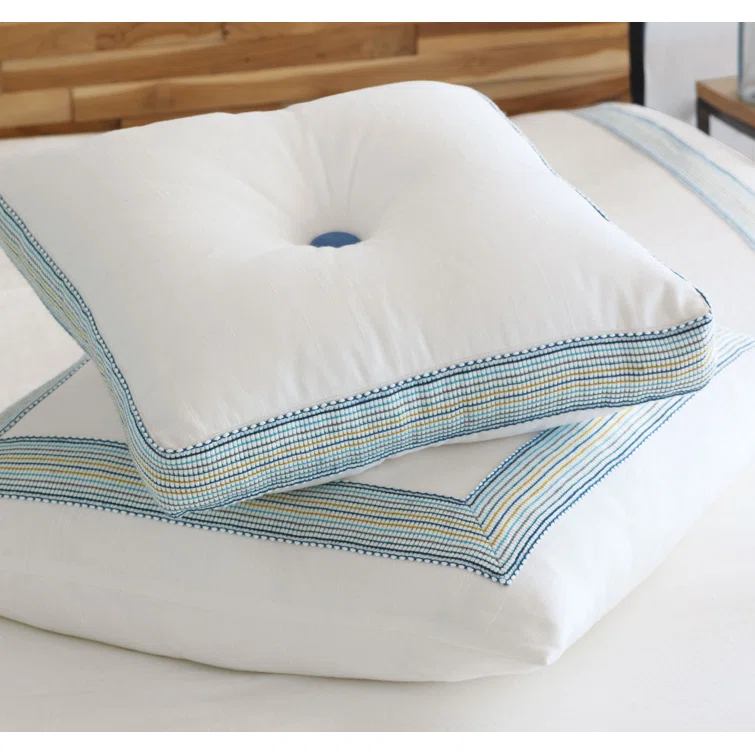 White and Blue Cotton Square Embroidered Nursery Pillow