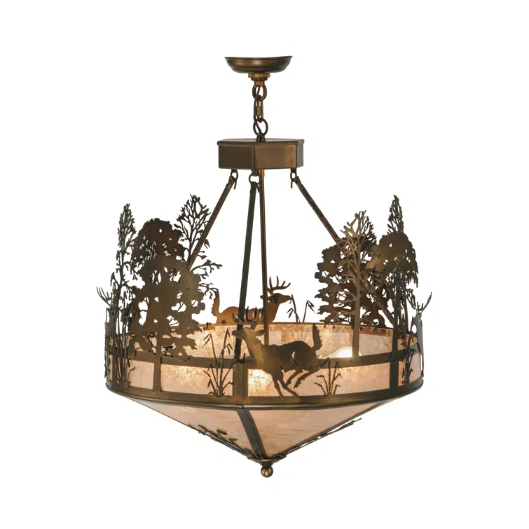 Antique Copper 26" Glass Pendant Light with Deer Design