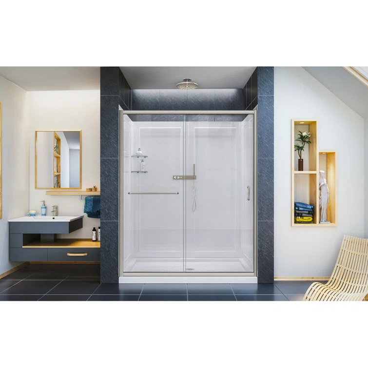 Infinity-Z 60" W x 30" D x 76.75" H Semi-Frameless Rectangle Shower Enclosure with Towel Bar and Base Included