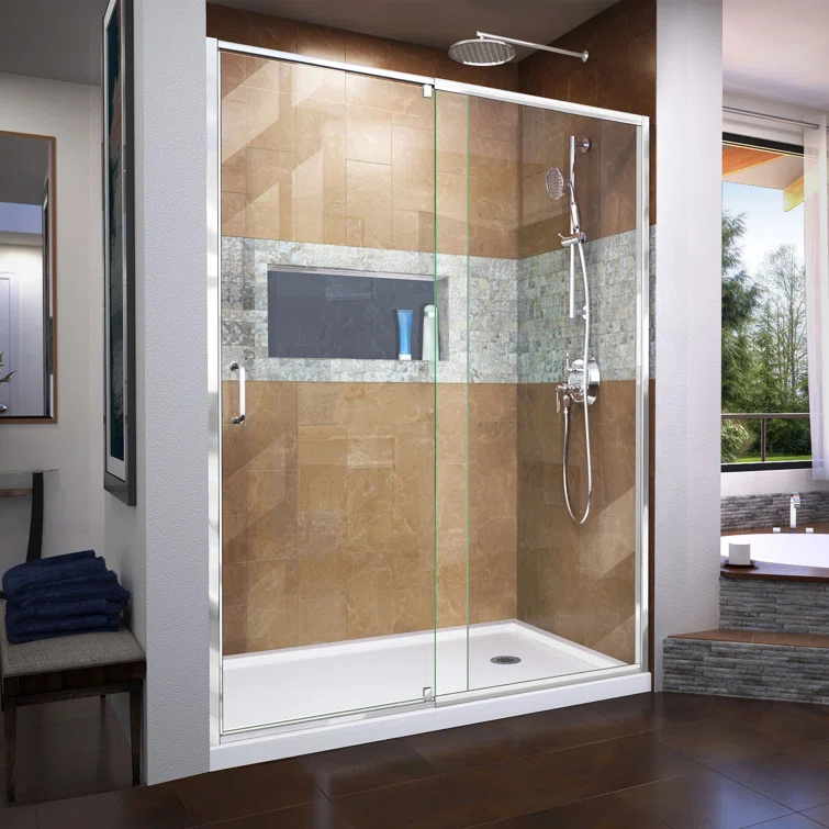 Flex 60" W x 30" D x 74.75" H Semi-Frameless Rectangle Pivot Shower Enclosure with Base Included