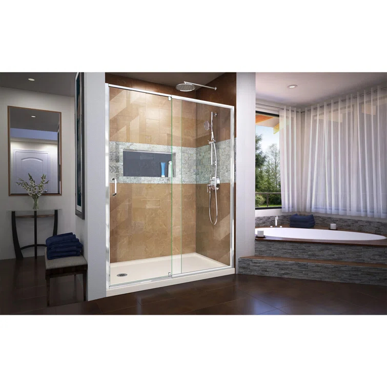 Flex 60" W x 30" D x 74.75" H Semi-Frameless Rectangle Pivot Shower Enclosure with Base Included