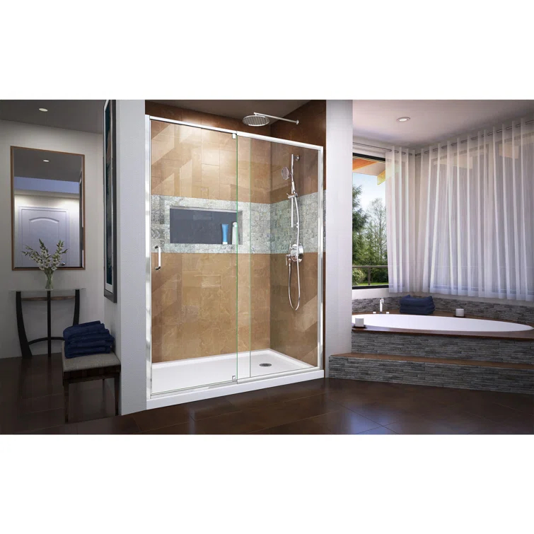 Flex 60" W x 30" D x 74.75" H Semi-Frameless Rectangle Pivot Shower Enclosure with Base Included