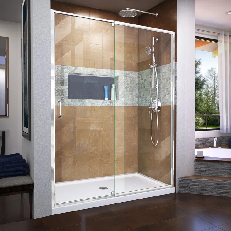 Flex 60" W x 30" D x 74.75" H Semi-Frameless Rectangle Pivot Shower Enclosure with Base Included