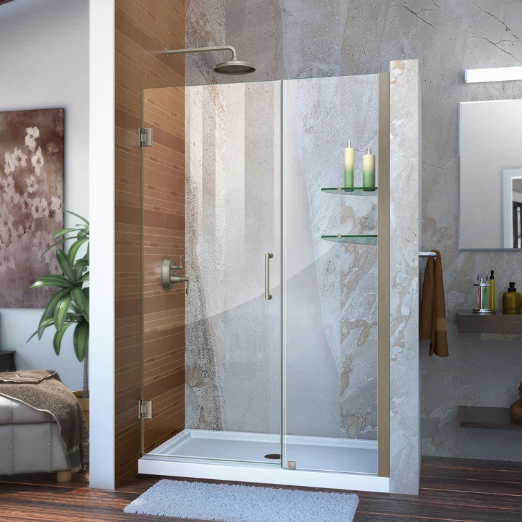 Unidoor Frameless Hinged Shower Door with Glass Shelves
