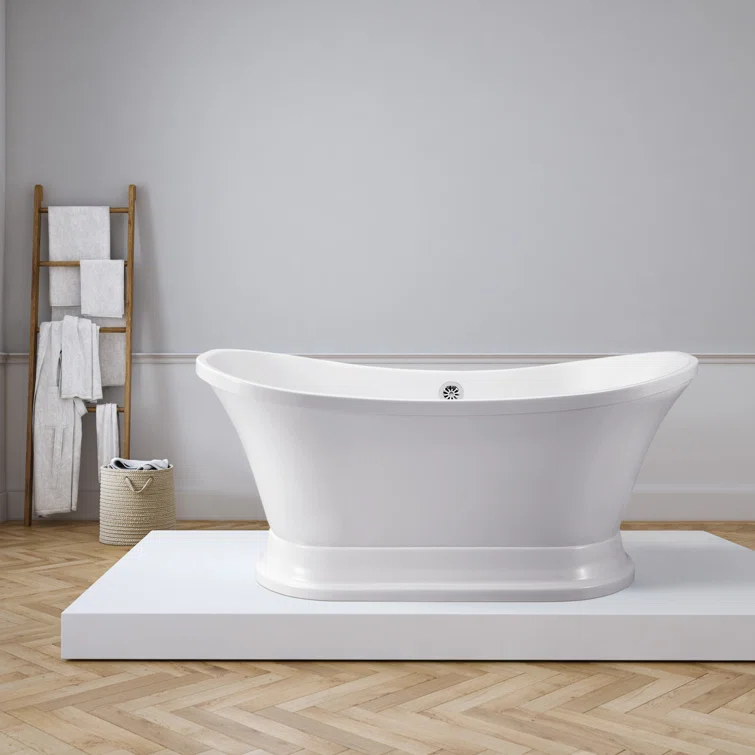 68" Streamline Freestanding Soaking Acrylic Bathtub With Drain and Bamboo Tray