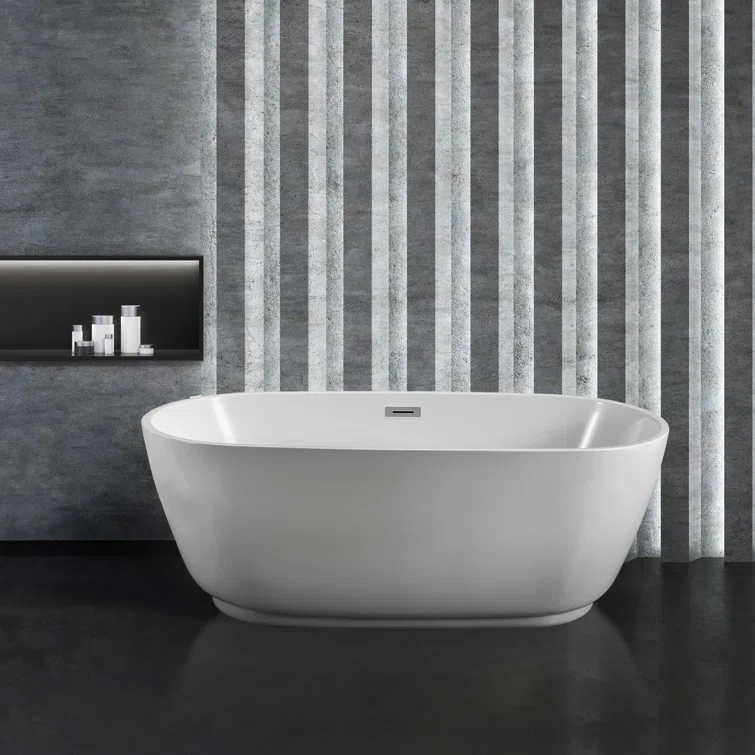 59" Streamline Freestanding Soaking Acrylic Bathtub With Drain and Bamboo Tray