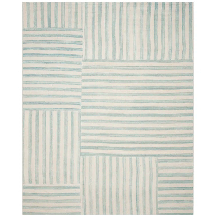 Sky Blue Stripe Patchwork Wool 8' x 10' Area Rug