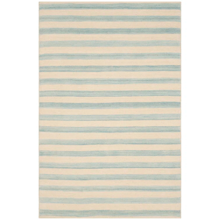 Small Sky Blue and White Wool Stripe Area Rug