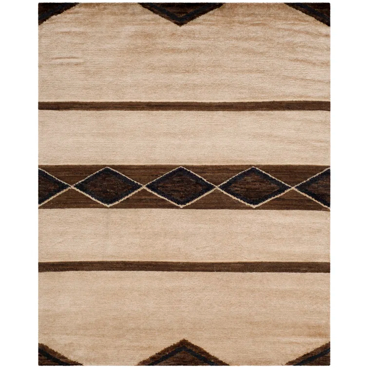 Hand-Knotted Black and Beige Wool Cotton Area Rug