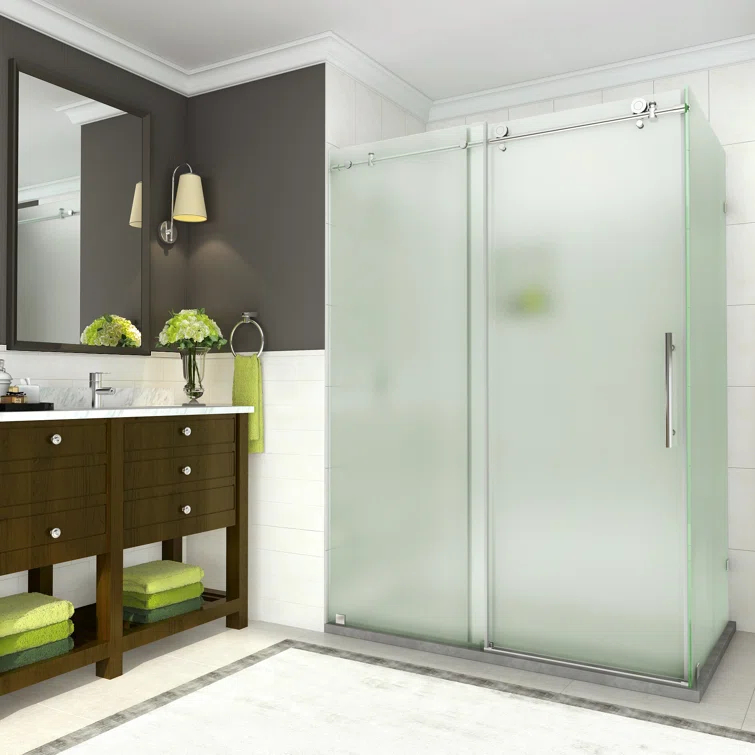 Coraline 56" - 60" W x 33.875" D x 76" H Frameless Sliding Shower Enclosure w/ Frosted Glass