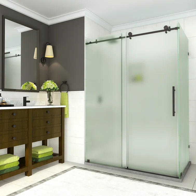 Coraline 56" - 60" W x 33.875" D x 76" H Frameless Sliding Shower Enclosure w/ Frosted Glass