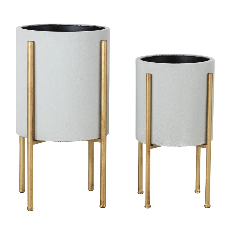 Stacia Round Metal Mid Century Indoor Pot Planter Set
