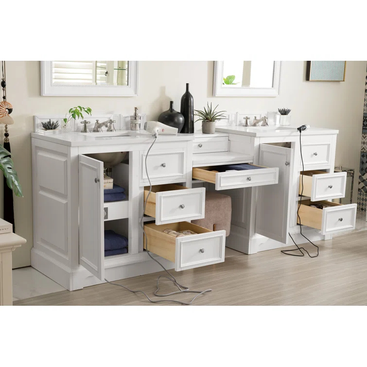 James Martin Vanities 94" Double Vanity Set, Bright White w/ 3 CM White Zeus Quartz Top