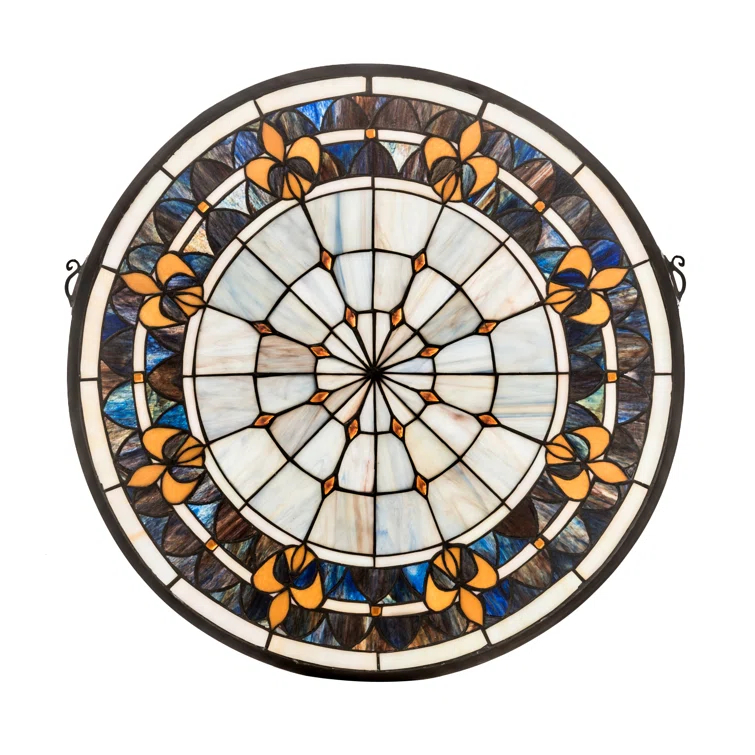 Victorian Fleur-De-Lis Blue and Beige Stained Glass Window Panel