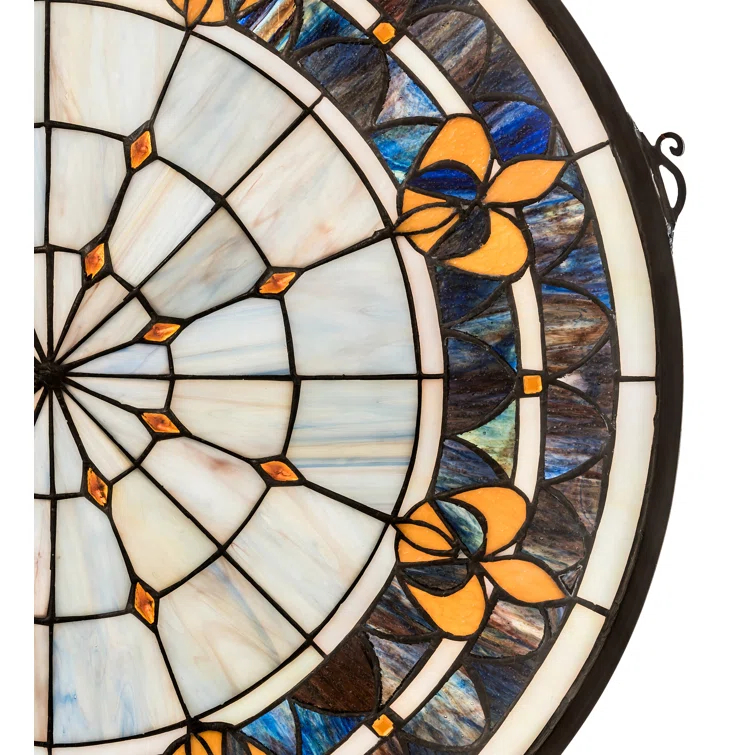 Victorian Fleur-De-Lis Blue and Beige Stained Glass Window Panel