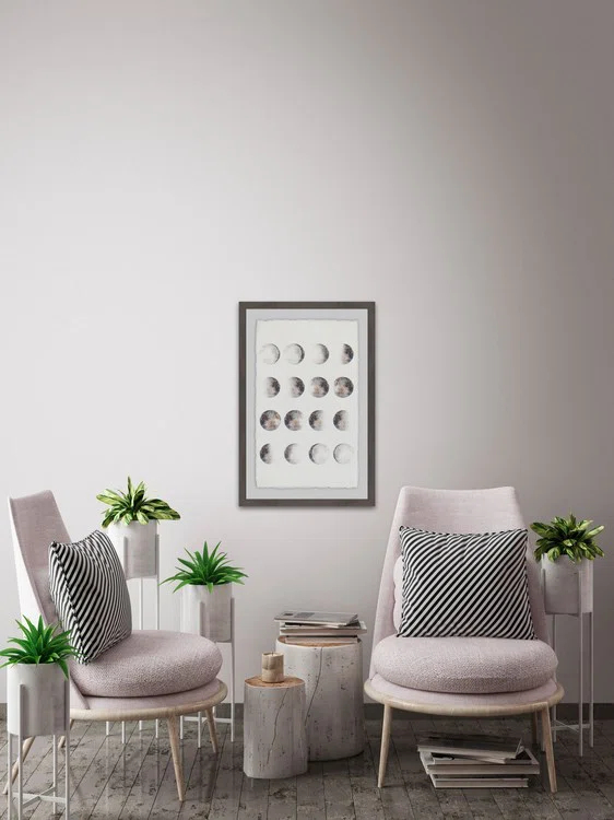 Gray Framed Graphic Art Print on Paper with Moon Phases