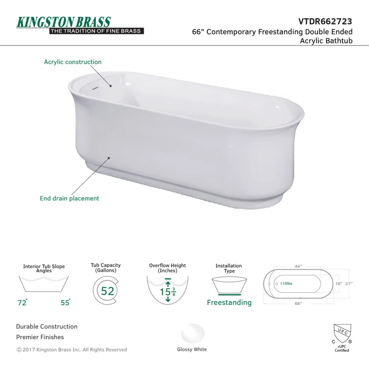 Kingston Brass Aqua Eden 66-Inch Acrylic Oval Double Ended Freestanding Tub with Drain and Anti-Skid Surface