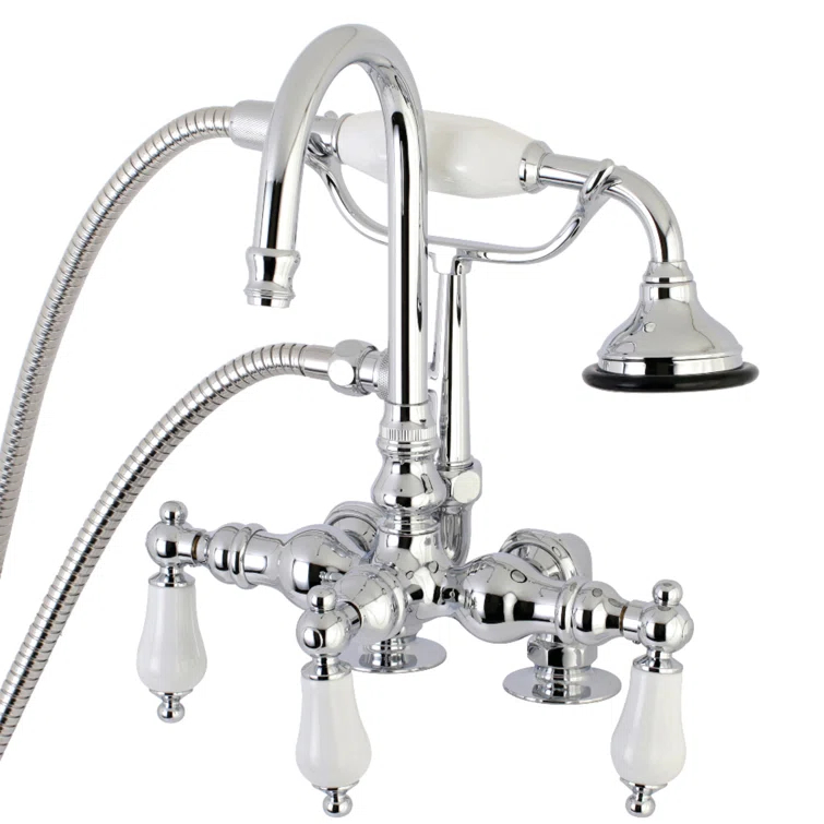 Kingston Brass Aqua Vintage Three-Handle 2-Hole Deck Mount Clawfoot Tub Faucet with Hand Shower