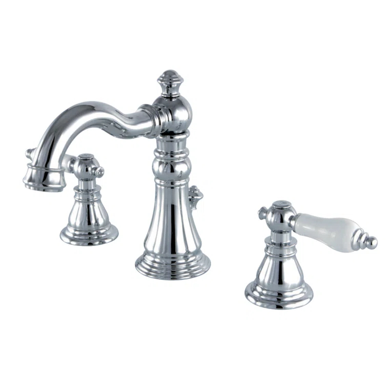 Kingston Brass American Patriot Two-Handle 3-Hole Deck Mount Widespread Bathroom Faucet with Retail Pop-Up Drain