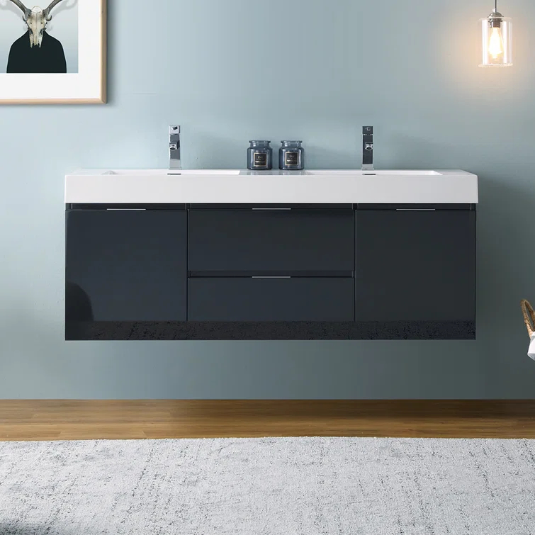 Valencia 60" Wall Mount Double Sink Bathroom Vanity with Top and Sinks (Faucets Not Included)