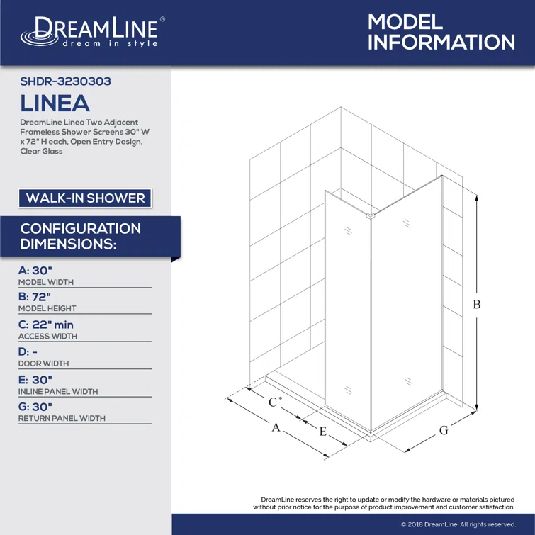 Linea 30"W x 72"H Frameless Fixed Glass Panel